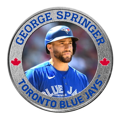 A picture of a 1 oz Toronto Blue Jays .999 Pure Silver Colourized Round- George Springer
